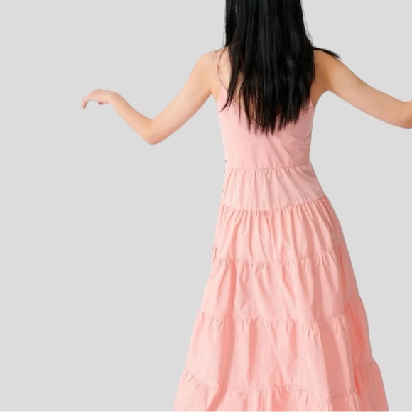 Maje Romeo TrapezeTiered Taffeta Sleeveless Midi Dress In Rose Pale Size EU 38/M - Picture 2 of 15